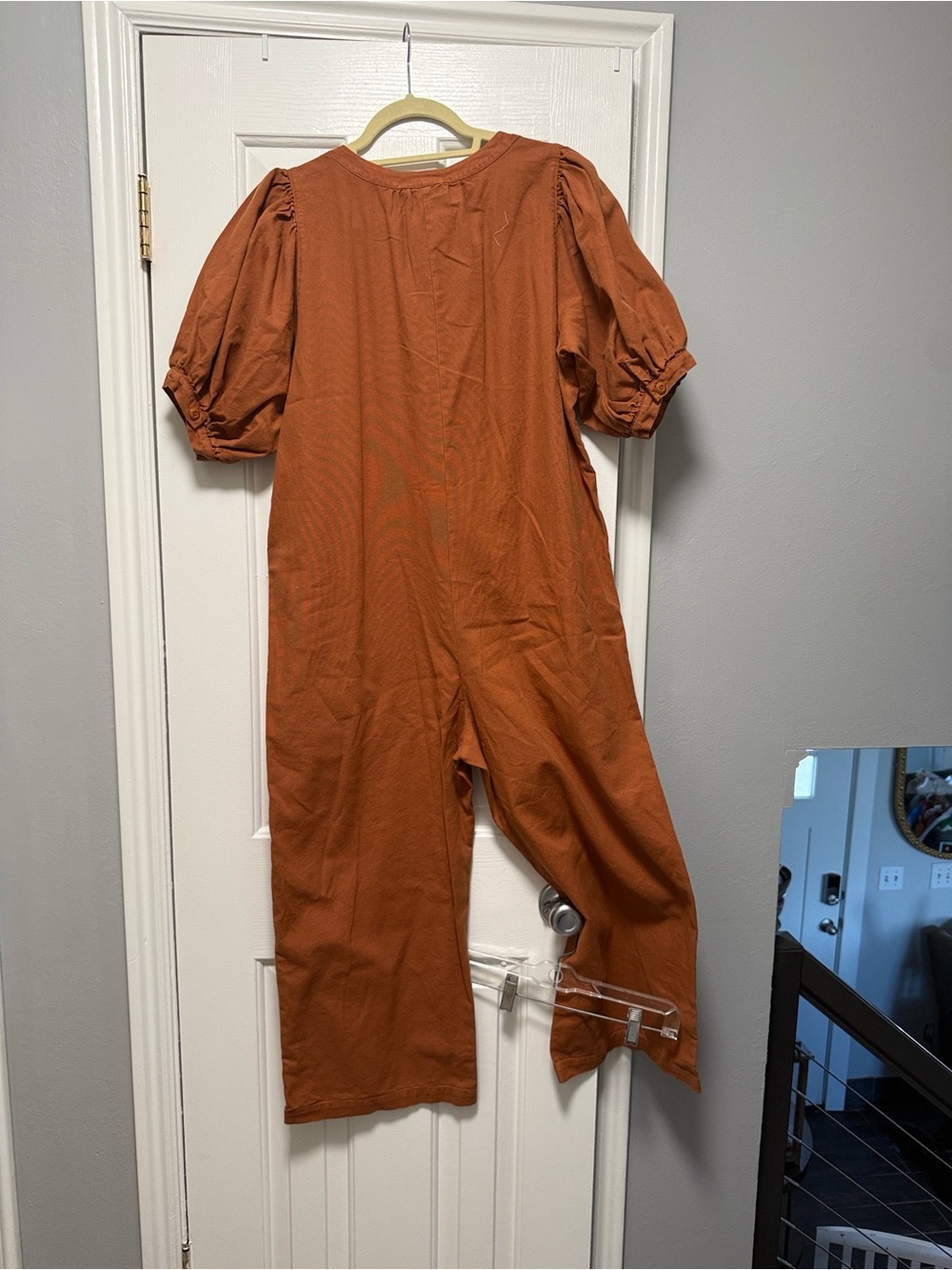 THE GREAT. Rust Button-Front Puff Sleeve jumpsuit - Picture 5 of 10